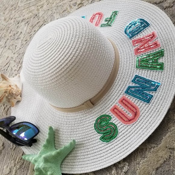 Straw Sun Hat. White. Colorful Sequin Letters, Sun and Fun. NWT - Picture 5 of 5